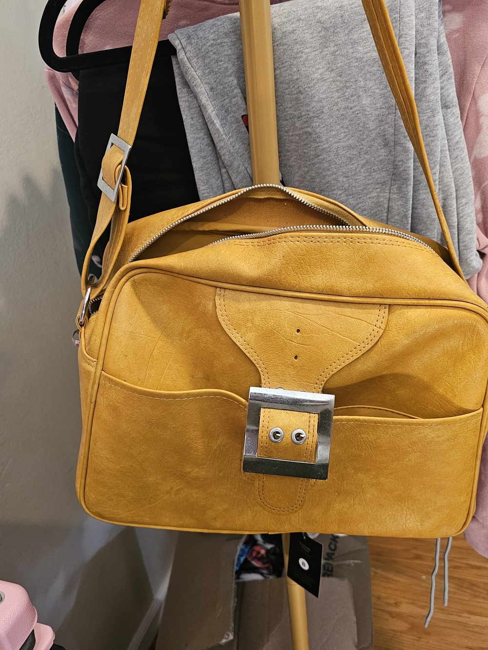 Vintage Yellow Leather Crossbody Bag with Statement Buckle